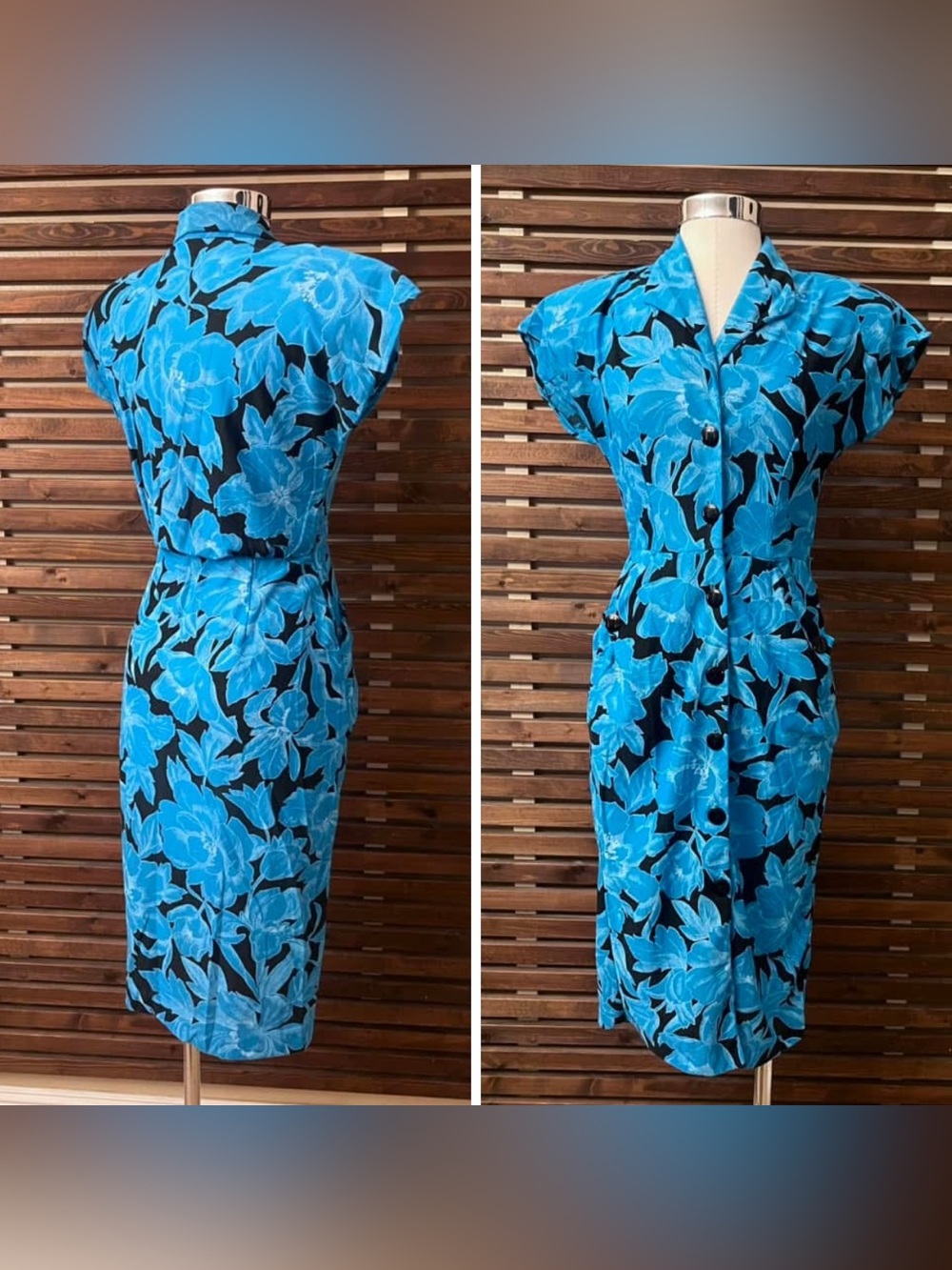 1980s Vintage Black & Blue Floral Cap Sleeve Button Front Dress w/ Pockets